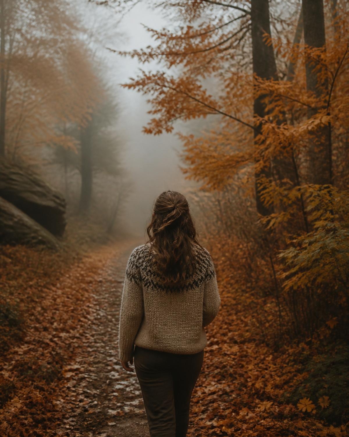 A misty forest path in October